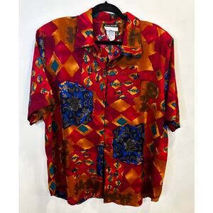 Funky 80s/90s Red Shirt with Blue Geo-Floral Patterns - Caliche - Size 36/16